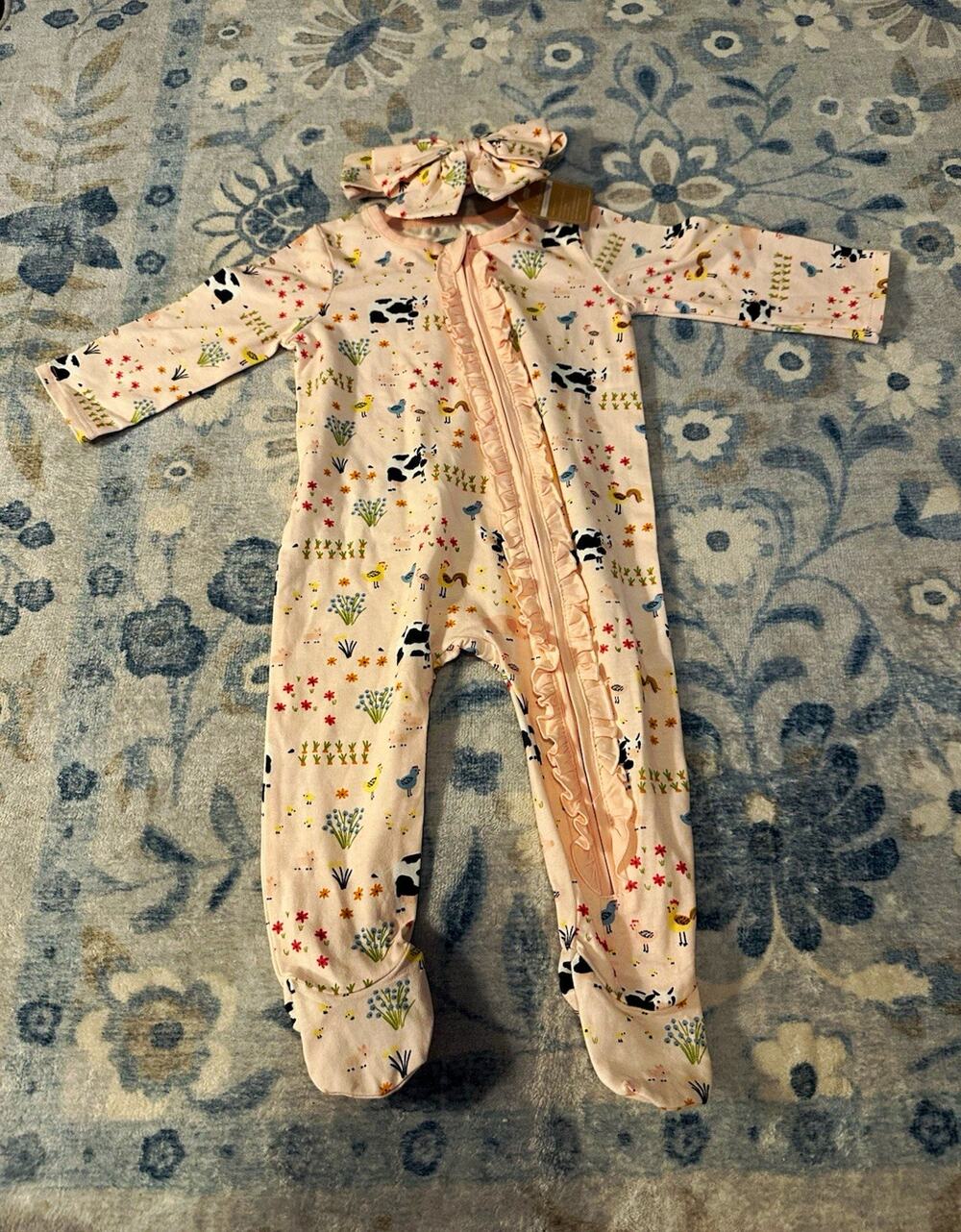 Mud Pie Girls Pink Floral Farm Animal Zip Sleeper + Headband Set 6-9 Months